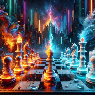 The primary subject of the image is a chessboard with multiple chess pieces, including kings and knights, arranged on it. The setting is a futuristic cityscape with a blue sky and neon lights, creating a vibrant and unique visual style. The colors and mood of the image are predominantly blue and futuristic, with the chessboard and pieces serving as the focal point of the scene.